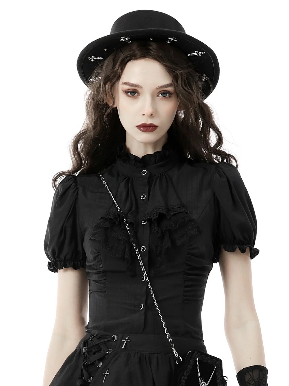 NWT Dark in Love Eleanor Black Blouse Ruffle Button Down Corset Lace Up Back - Picture 3 of 14